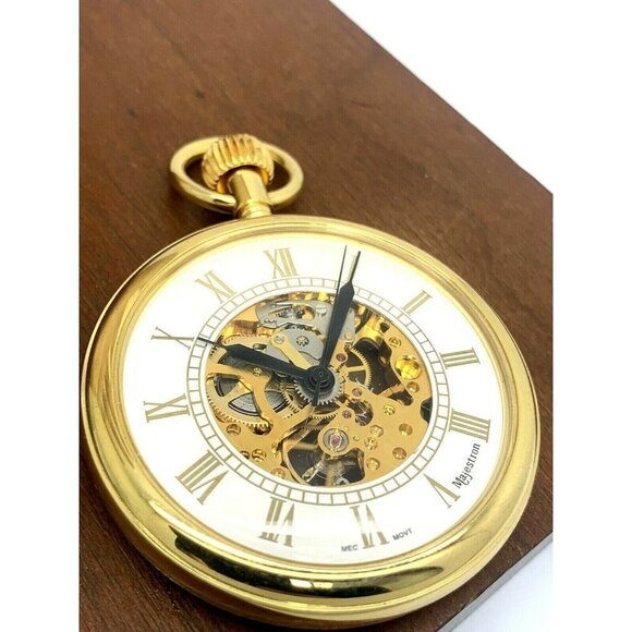 Majestrom Pocket Watch Gold Tone Case Silver Dial Roman Numerals 51mm Op… - Picture 9 of 11